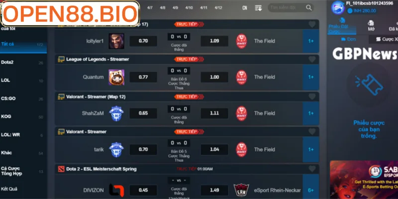 Bảng kèo Esports Open88 trực quan cho người mới