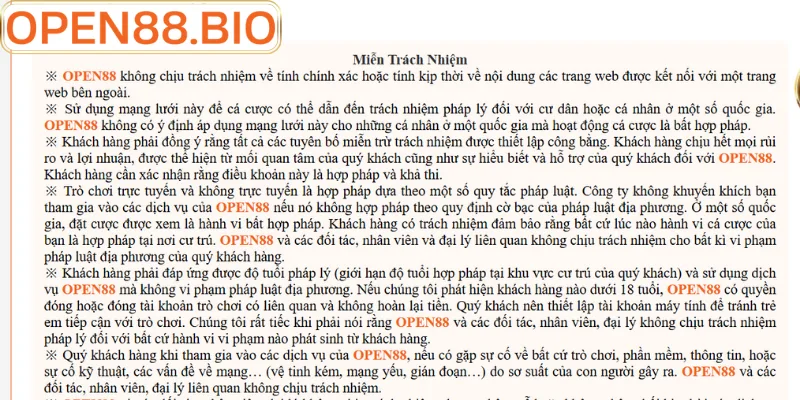 Quy Định Miễn Trừ Trách Nhiệm Tại OPEN88 Mới Nhất 2026 Văn bản quy định miễn trừ trách nhiệm tại nhà cái