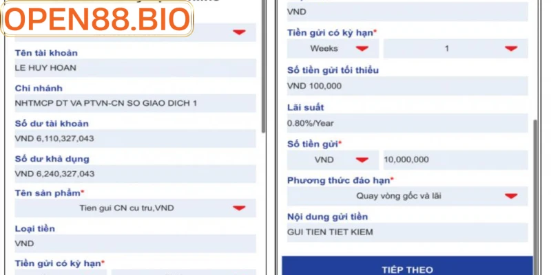 Biểu mẫu điền thông tin ngân hàng rút tiền Open88